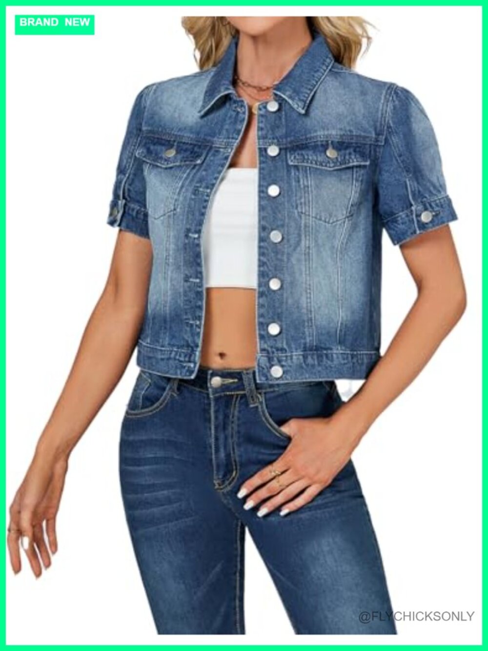 Cropped Denim Jacket Women Puff Short Sleeve Button Down Jean Trucker Coat